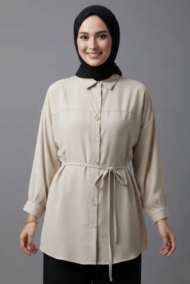 Düşük Omuz İp Kuşaklı Modal Gömlek Taş - POLO LIVE