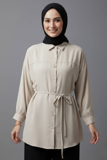 Düşük Omuz İp Kuşaklı Modal Gömlek Taş - Gömlek