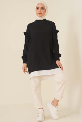 Düşük Omuz Kolları Fırfırlı Tunik Siyah - Tunik