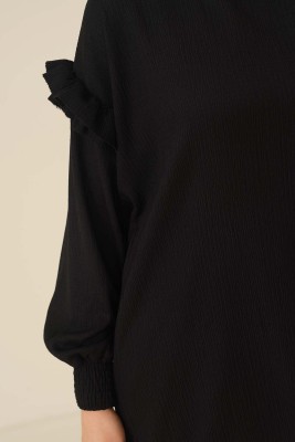 Düşük Omuz Kolları Fırfırlı Tunik Siyah - Tunik