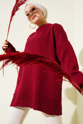 Düşük Omuz Oversize Triko Tunik Bordo 