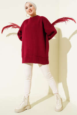 Düşük Omuz Oversize Triko Tunik Bordo - Tunik