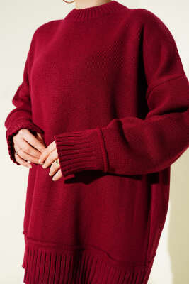 Düşük Omuz Oversize Triko Tunik Bordo - Tunik