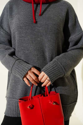 Düşük Omuz Oversize Triko Tunik Füme - Tunik