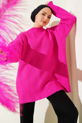 Düşük Omuz Oversize Triko Tunik Fuşya - RAFİMİX