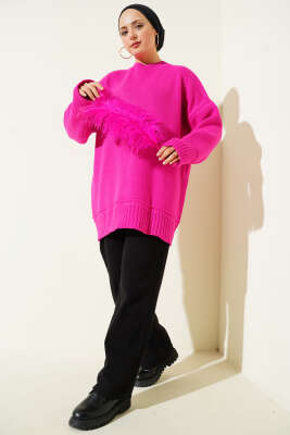 Düşük Omuz Oversize Triko Tunik Fuşya - Tunik
