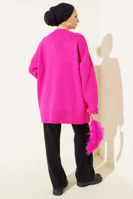 Düşük Omuz Oversize Triko Tunik Fuşya - Tunik
