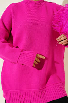 Düşük Omuz Oversize Triko Tunik Fuşya - Tunik