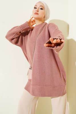 Düşük Omuz Oversize Triko Tunik Gül Kurusu - RAFİMİX