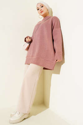 Düşük Omuz Oversize Triko Tunik Gül Kurusu - Tunik