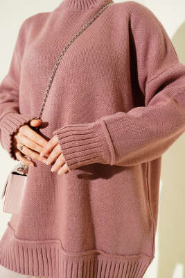 Düşük Omuz Oversize Triko Tunik Gül Kurusu - Tunik