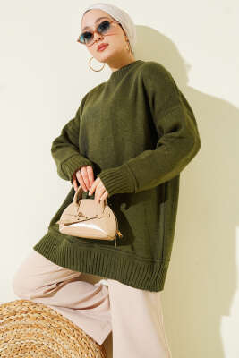 Düşük Omuz Oversize Triko Tunik Haki - RAFİMİX