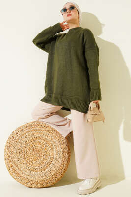 Düşük Omuz Oversize Triko Tunik Haki - Tunik