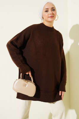 Düşük Omuz Oversize Triko Tunik Kahve - RAFİMİX