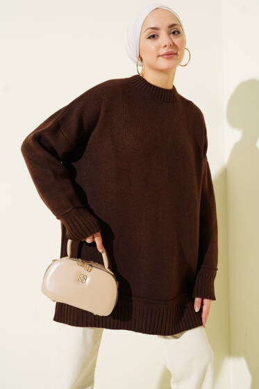 Düşük Omuz Oversize Triko Tunik Kahve - Tunik