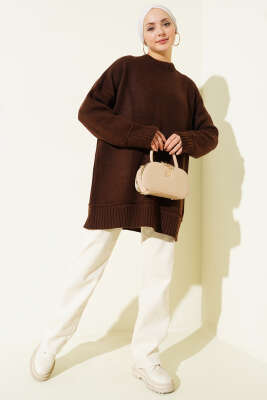 Düşük Omuz Oversize Triko Tunik Kahve - Tunik