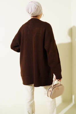 Düşük Omuz Oversize Triko Tunik Kahve - Tunik