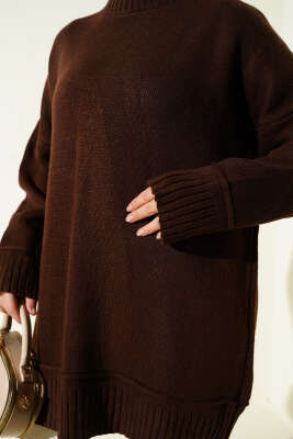 Düşük Omuz Oversize Triko Tunik Kahve - Tunik