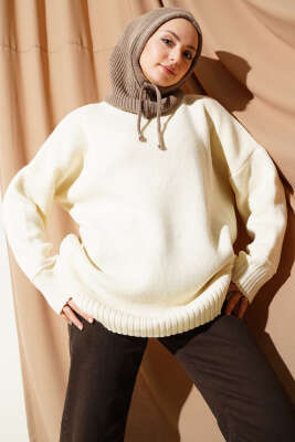 Düşük Omuz Oversize Triko Tunik Krem - RAFİMİX