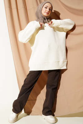 Düşük Omuz Oversize Triko Tunik Krem - Tunik