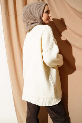 Düşük Omuz Oversize Triko Tunik Krem - Tunik