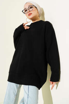 Düşük Omuz Oversize Triko Tunik Siyah