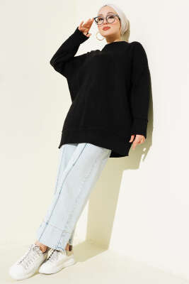 Düşük Omuz Oversize Triko Tunik Siyah - Tunik