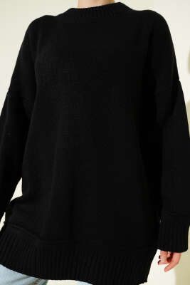 Düşük Omuz Oversize Triko Tunik Siyah - Tunik