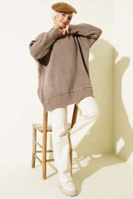 Düşük Omuz Oversize Triko Tunik Vizon - RAFİMİX