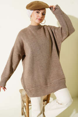 Düşük Omuz Oversize Triko Tunik Vizon - Tunik