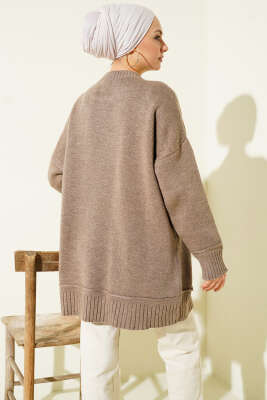 Düşük Omuz Oversize Triko Tunik Vizon - Tunik