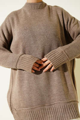 Düşük Omuz Oversize Triko Tunik Vizon - Tunik