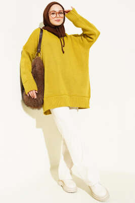 Düşük Omuz Oversize Triko Tunik Yağ Yeşili - Tunik