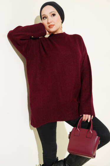 Düşük Omuz Salaş Triko Tunik Bordo - Tunik