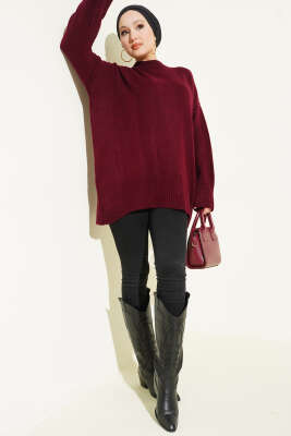 Düşük Omuz Salaş Triko Tunik Bordo - Tunik