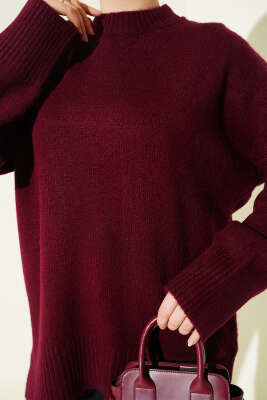Düşük Omuz Salaş Triko Tunik Bordo - Tunik