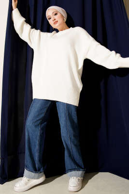 Düşük Omuz Salaş Triko Tunik Ekru - Tunik