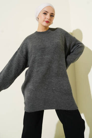 Düşük Omuz Salaş Triko Tunik Füme - Tunik