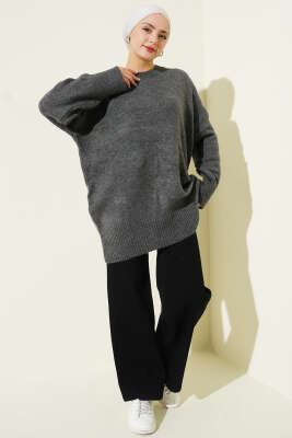 Düşük Omuz Salaş Triko Tunik Füme - Tunik