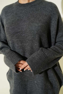 Düşük Omuz Salaş Triko Tunik Füme - Tunik