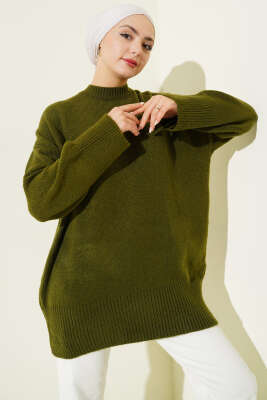 Düşük Omuz Salaş Triko Tunik Haki - ARISOY