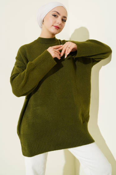 Düşük Omuz Salaş Triko Tunik Haki - Tunik