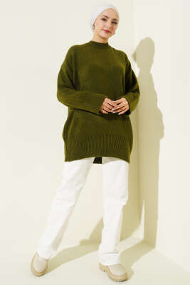 Düşük Omuz Salaş Triko Tunik Haki - Tunik