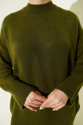 Düşük Omuz Salaş Triko Tunik Haki - Tunik