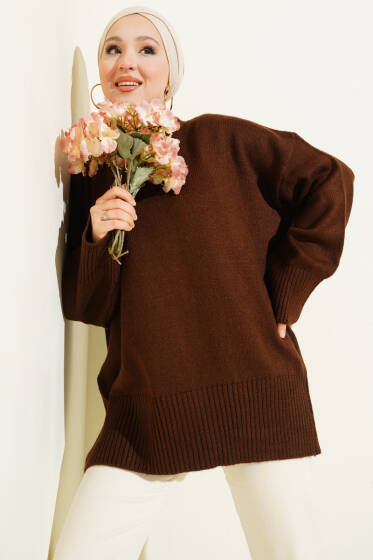 Düşük Omuz Salaş Triko Tunik Kahve - Tunik