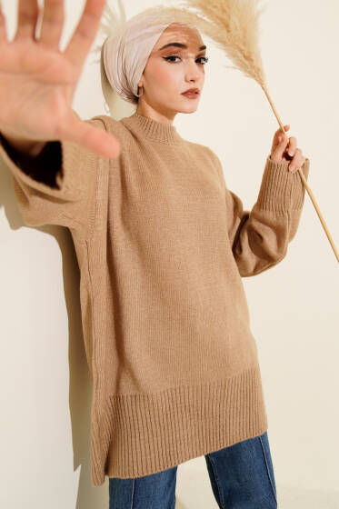 Düşük Omuz Salaş Triko Tunik Latte - Tunik