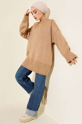 Düşük Omuz Salaş Triko Tunik Latte - Tunik