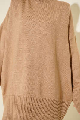 Düşük Omuz Salaş Triko Tunik Latte - Tunik