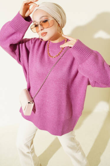 Düşük Omuz Salaş Triko Tunik Magenta - Tunik
