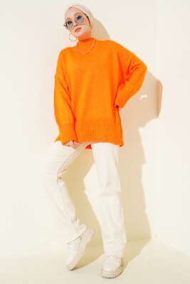 Düşük Omuz Salaş Triko Tunik Oranj - Tunik